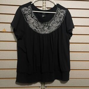 P O T Womens‎ Black Embroidered Neckline Short Sleeve Top Plus Size XL